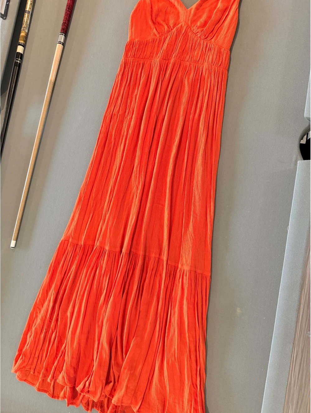Express Orange Maxi Dress with V-Neck and Pleated Skirt